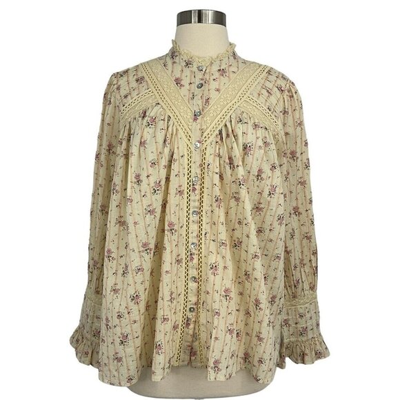 ba&sh Tops - BA&SH Size 2 Haby Blouse Lace Trim Cream Floral Print Long Sleeve Ruffled Cuffs